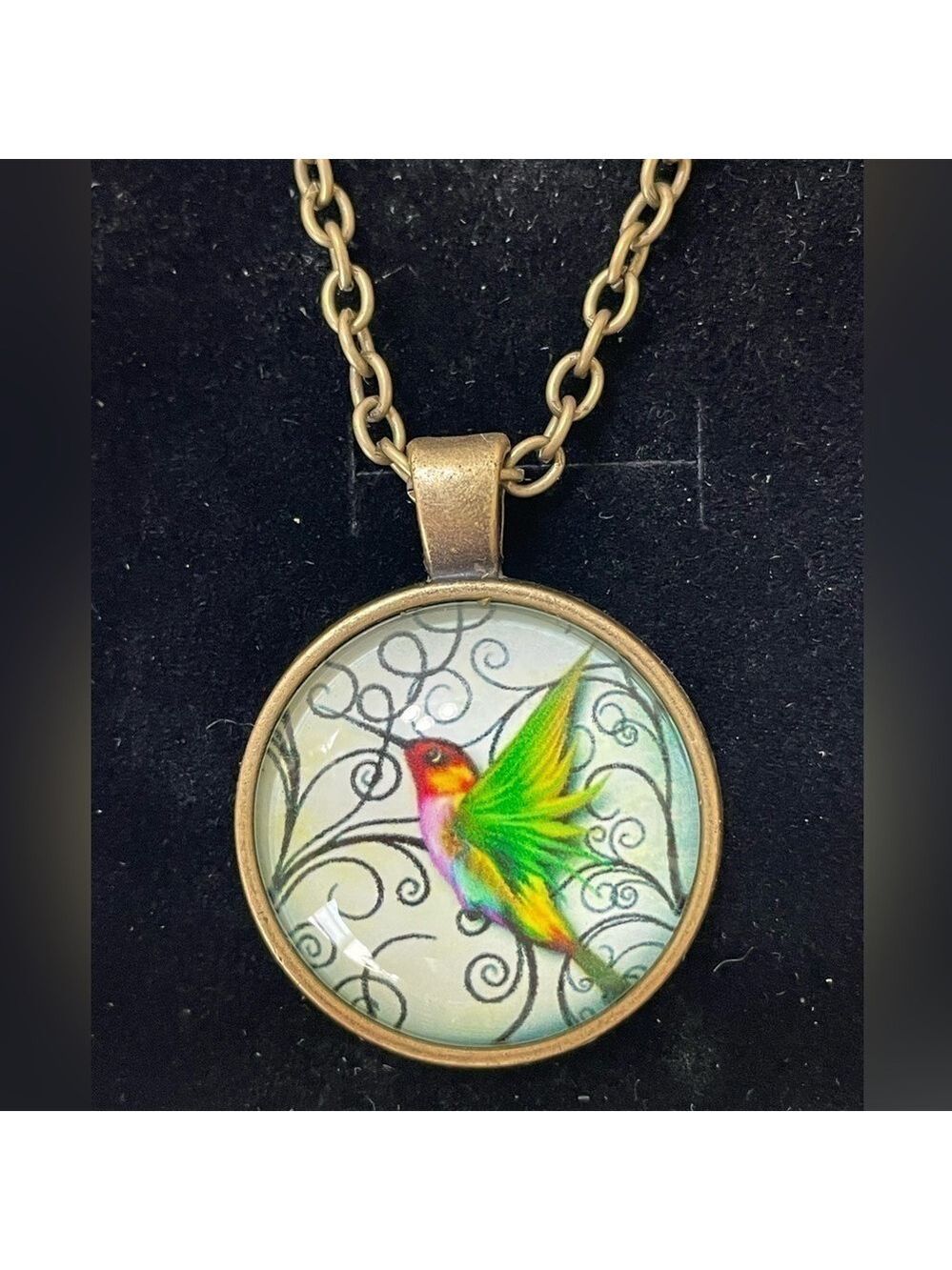 Necklace Hummingbird Medallion Cabochon Pendant with Chain